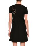 Embroidered-Swallow Short-Sleeve Dress, Black