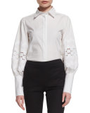 Pouf-Sleeve French-Cuff Blouse, White