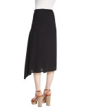 Mid-Rise Asymmetric Silk Midi Skirt, Black