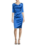 Colly Half-Sleeve Ruched Cocktail Dress, Navy