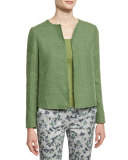 Long-Sleeve Round-Neck Tweed Jacket, Green
