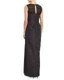 Sleeveless Pleated-Bodice Column Gown, Black