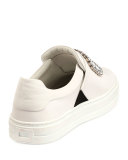 Leather Strass Buckle Sneaker, White (Bianco)