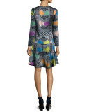 Paisley Diamond Long-Sleeve Flounce Dress, Rainbow