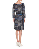 Grid-Print Belted Long-Sleeve Dress, Navy