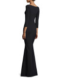 Lasa 3/4-Sleeve Embellished Jersey Gown, Nero