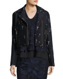 Embroidered Jacquard Moto Jacket, Blue