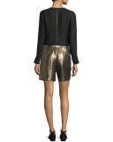 Paxton Single-Pleat Lamé Shorts, Gold