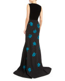 Antoinette Sleeveless Crepe & Floral Satin Gown, Onyx/Blue Topaz