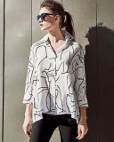 3/4-Sleeve Graffiti-Print Trapeze Top, White/Black 