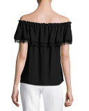 Lace-Trim Off-the-Shoulder Blouse, Black