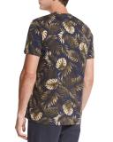 Leaf-Print Crewneck Pima Cotton T-Shirt, Navy