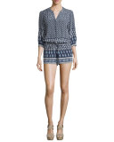 Solstice 3/4-Sleeve Silk Romper, Dark Navy