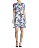 Short-Sleeve Printed Ruffle-Hem Dress, White/Multi
