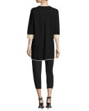 Contrast-Trim 3/4-Sleeve Long Jacket, Black/Multi