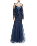 Long-Sleeve Degrade Sequin Illusion Gown, Navy