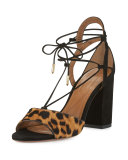 Austin Calf-Hair Lace-Up Sandal, Caramel Leopard