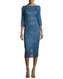 3/4-Sleeve Embellished Floral Cocktail Dress, Medium Blue