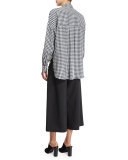 Long-Sleeve Oversized Gingham Utility Shirt, Navy/White