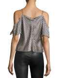 Striped Silk Charmeuse Cold-Shoulder Top, Ecru