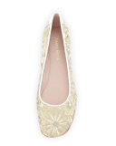 Bud Floral-Embellished Ballerina Flat, Beige/White