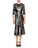 Sequined Half-Sleeve Midi Dress, Pewter/Gold