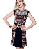 Paneled Geometric-Print Fringe-Trimmed Dress