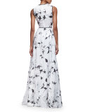 Sleeveless V-Neck Metallic-Floral Gown, Silver