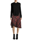 Mixed-Media Crewneck Top, Black/Gray Melange