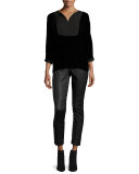 Nadya 3/4-Sleeve Yoked Velvet Blouse, Black