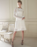 Long-Sleeve Banded-Lace Sheath Dress, White