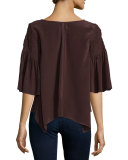 Stacey Smocked-Sleeve Georgette Top, Merlot