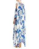 Split-Detail Embellished Silk Caftan Coverup, Ring of Roses