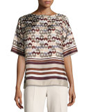 Canada Half-Sleeve Mixed-Print Silk Blouse, Maroon