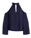 Stay Close Long-Sleeve Silk Halter Top, Navy