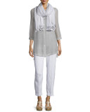 Long-Sleeve Button-Front Linen Mesh Top