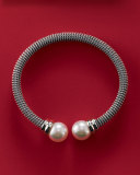 White Pearl-Cap Bangle, Silver