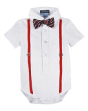 Short-Sleeve Polo Suspender Shirtzie w/ Star-Print Shorts, White, Size 3-24 Months