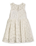 Sleeveless Embroidered Pleated Dress, White, Size 8-16