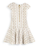 Cap-Sleeve Laser-Cut Ponte Dress, Cream, Size 7-14