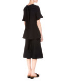Flutter-Sleeve Jewel-Neck Blouse, Black