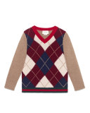 Wool Argyle V-Neck Pullover Sweater, Camel, Size 4-12