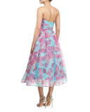 Strapless Floral Organza Fit & Flare Midi Dress 