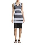 Striped Pointelle V-Neck Dress, Caviar/Bianco