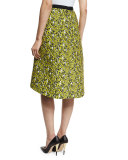 Floral-Print Structured A-Line Skirt, Citron/Black