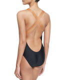 Leather-Strap Solid One-Piece Swimsuit, Black