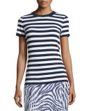 Striped Tee w/ Sweater-Trim Crew Neckline, 