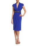 Beaded-Waist Draped-Front Cocktail Dress, Sapphire