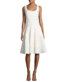 Sleeveless Floral Jacquard Fit-and-Flare Cocktail Dress, Ivory