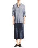 Wide-Stripe Mandarin-Collar Pullover Shirt, Blue